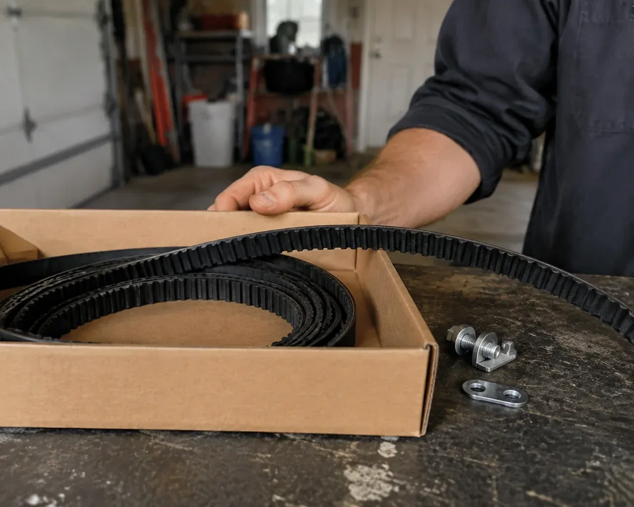 A toothed black drive belt lies in an open cardboard box beside small metal fittings on a garage workbench. — Belt-Drive Opener Repair, Brampton