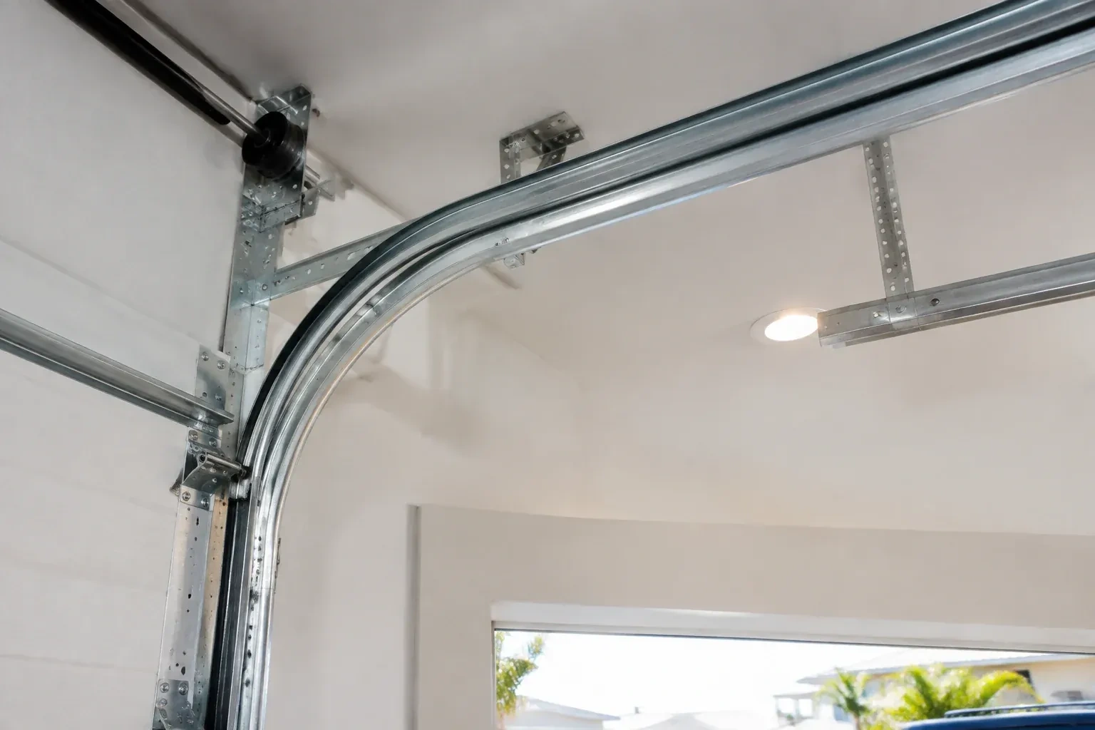 Curved galvanized steel track bending from the vertical door track into the ceiling, with perforated brackets and a recessed light. — Garage Door Track Repair or Replacement, Brampton