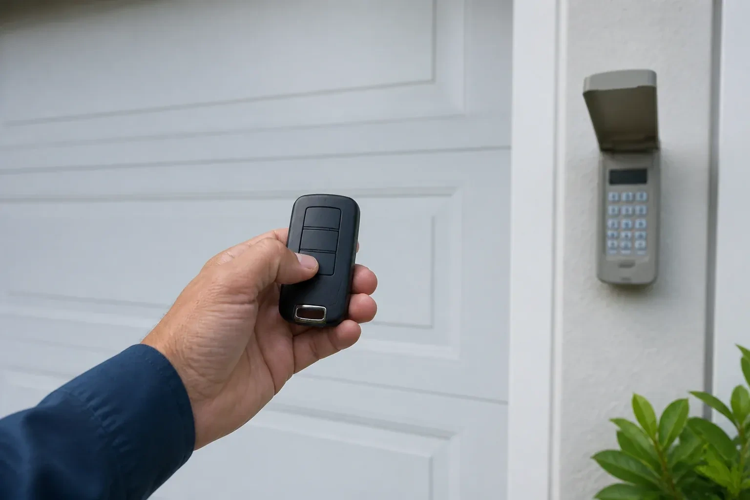 Hand holding a black three-button remote in front of a white paneled door, with a wall keypad and open cover at right. — Garage Door Remote and Keypad Programming, Brampton