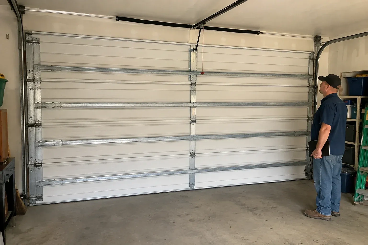 A person examines horizontal metal reinforcement members across the interior of a closed garage door. — Wind-Rated Garage Door Replacement, Brampton