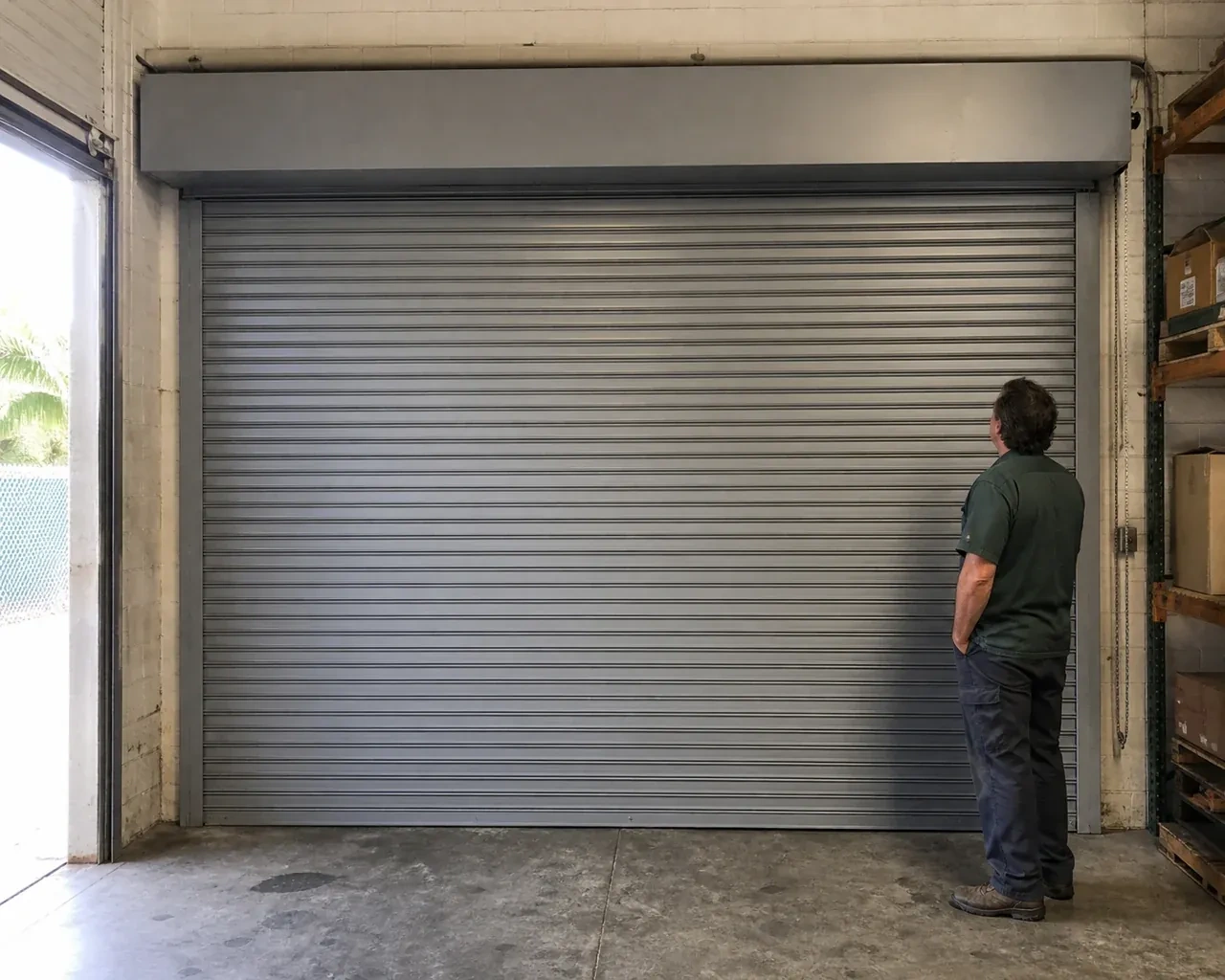 A person examines a closed metal rolling door with narrow horizontal slats, side guides and an overhead hood in a warehouse. — Commercial Rolling Door Repair, Brampton