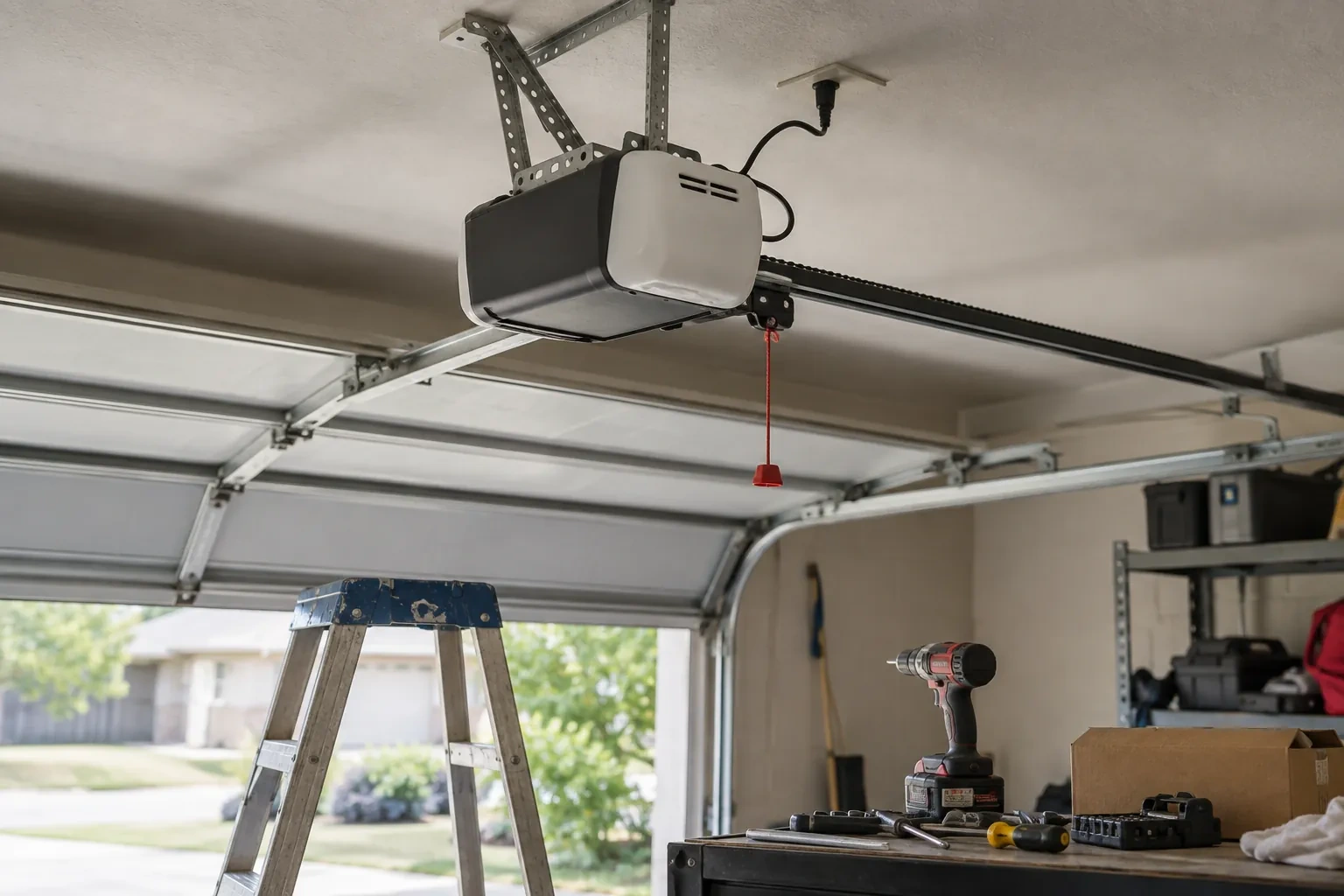 Ceiling-mounted garage-door opener with a red release cord, a blue stepladder below and a cordless drill on a workbench.