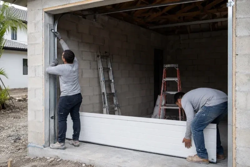 Two people positioning a white garage-door panel and side track in an unfinished masonry garage. — New-Construction Garage Door Installation, Brampton
