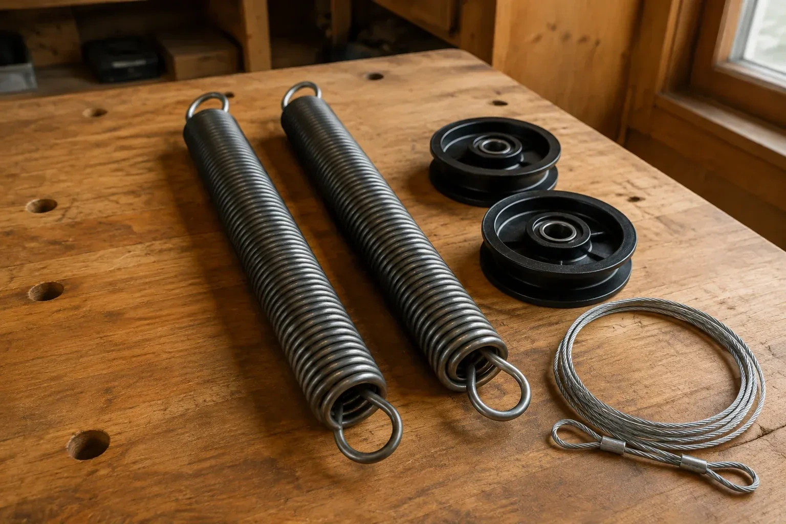 Two coiled extension springs with looped ends, two black pulleys and a loop of steel cable on a worn wooden workbench. — Extension Spring Replacement, Brampton