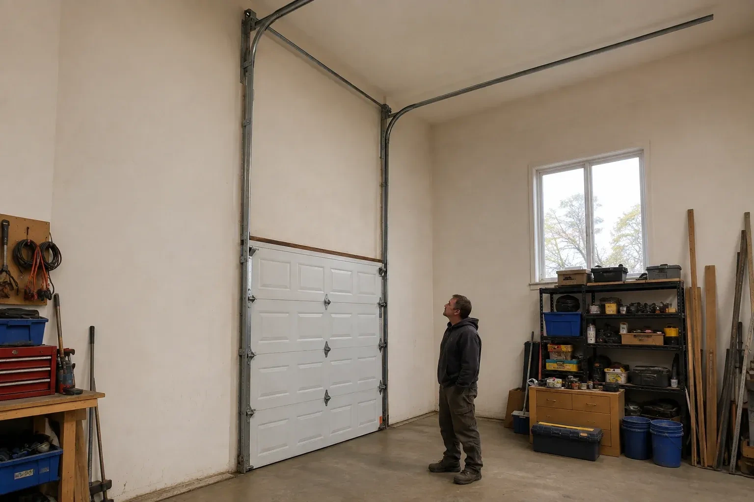 Vertical tracks extend above a closed garage door before curving near a high ceiling, while a person looks upward. — High-Lift Garage Door Conversion, Brampton
